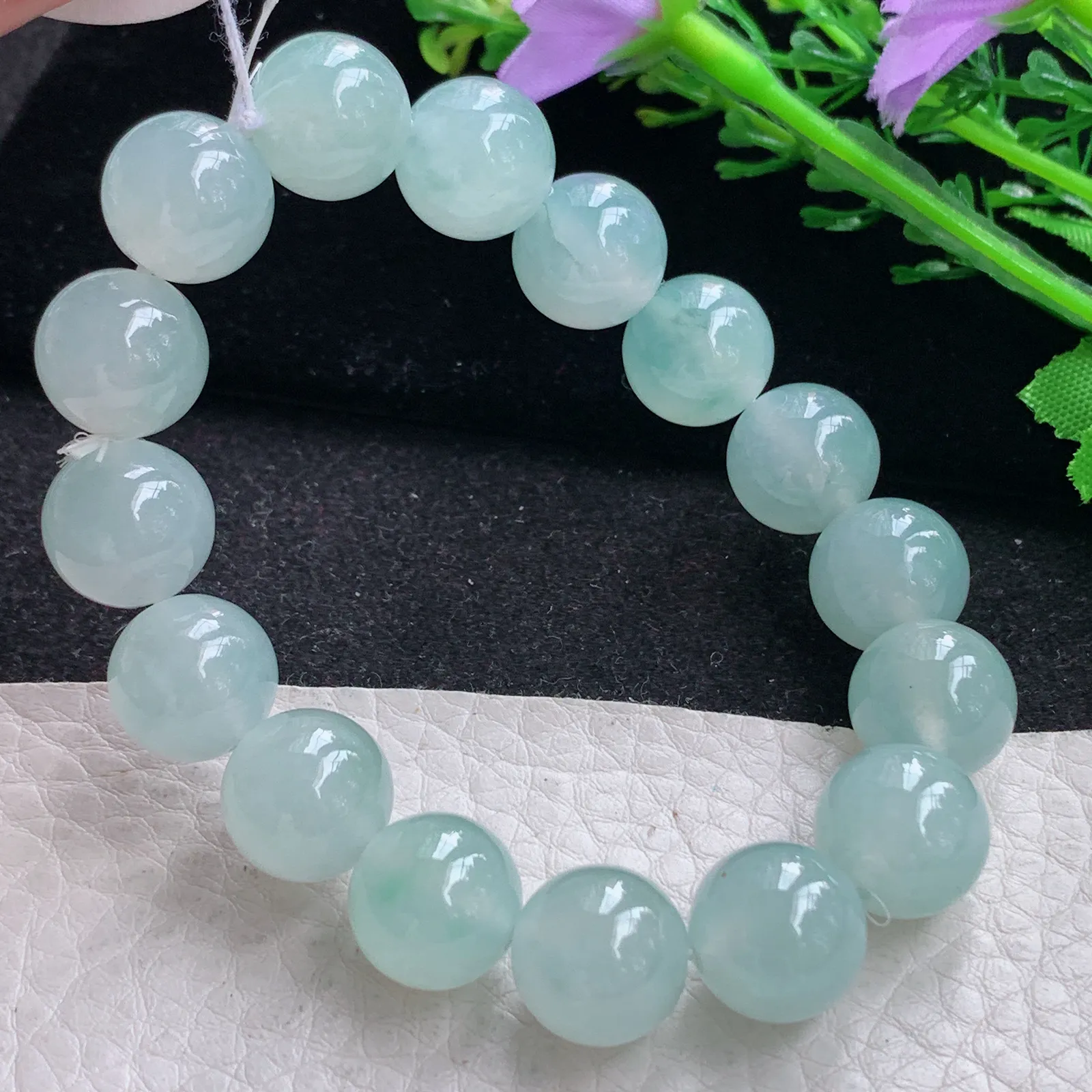 ss自然光12.6mm天然缅甸翡翠冰透晴水圆珠玉手链  玉手串 16颗
