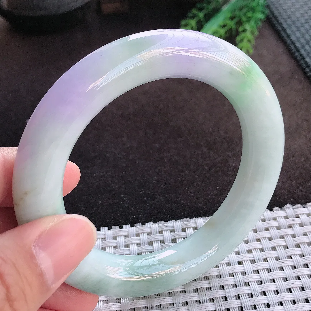 天然A货翡翠57/12.4老坑精美温润紫罗兰胖圆条手镯玉手镯