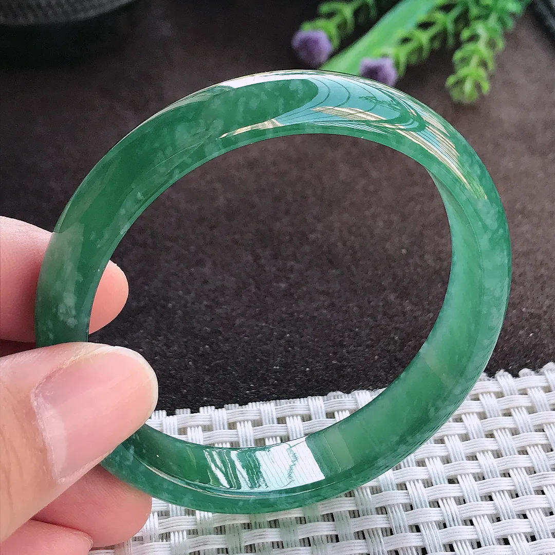 天然A货翡翠55.5/12.3/6.2老坑冰胶满色蓝韵手镯宽边玉手镯