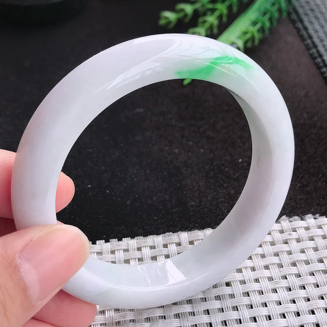 天然A货翡翠57.8/12.7/9.3老坑精美温润飘阳绿手镯宽边玉手镯