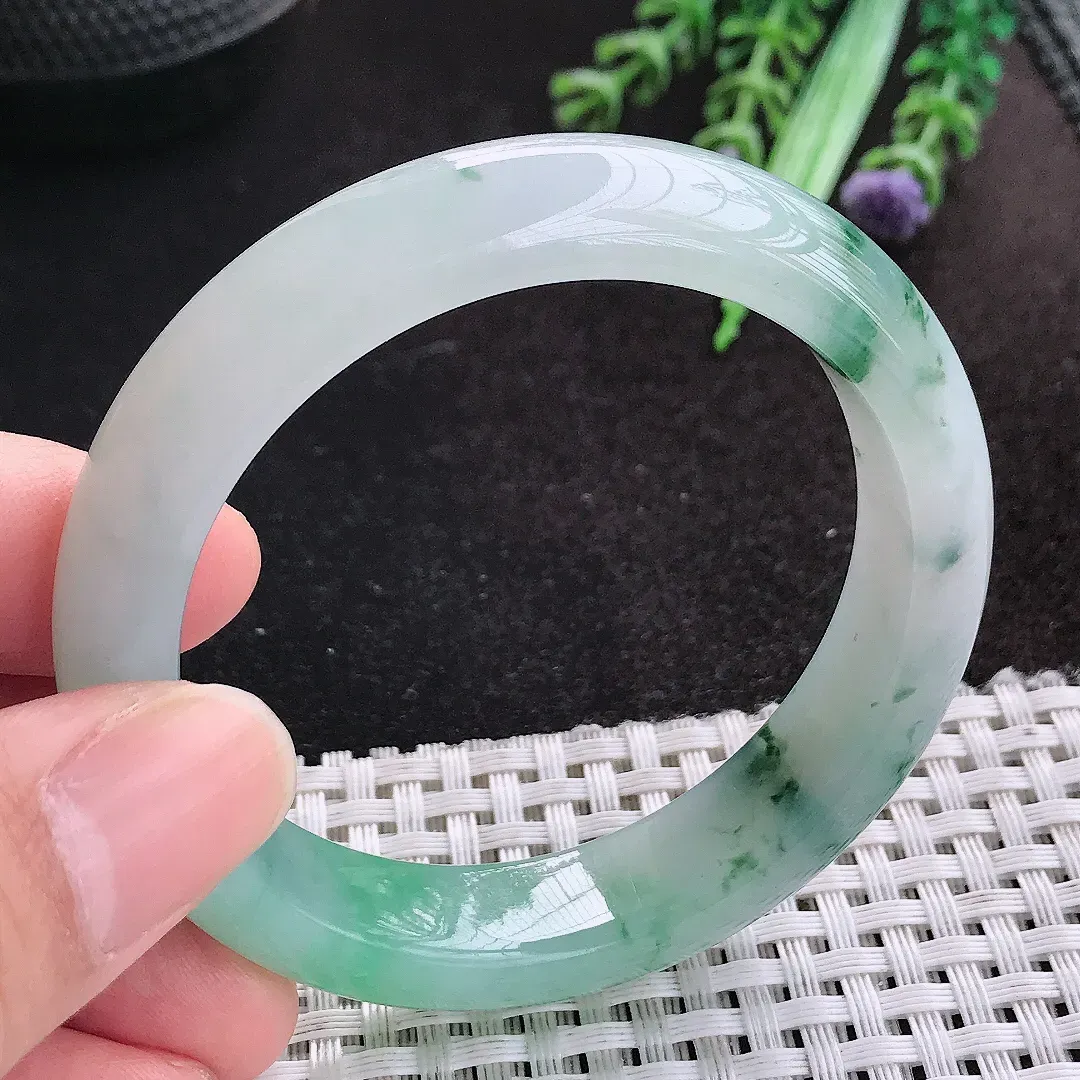 天然A货翡翠52/12.3/8.2老坑冰胶果冻冰飘花手镯宽边玉手镯