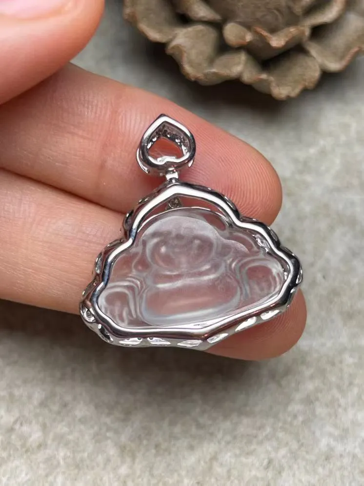 冰种佛公吊坠、真金真钻镶嵌，种水好，玉质细腻 .裸石尺寸 22.5*13.8