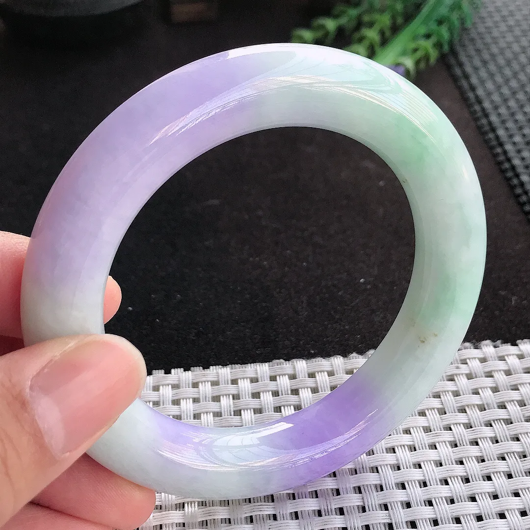 天然A货翡翠57.3/12.6老坑精美温润浓艳紫罗兰胖圆条手镯玉手镯