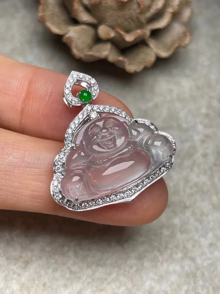 冰种佛公吊坠、真金真钻镶嵌，种水好，玉质细腻 .裸石尺寸 22.5*13.8