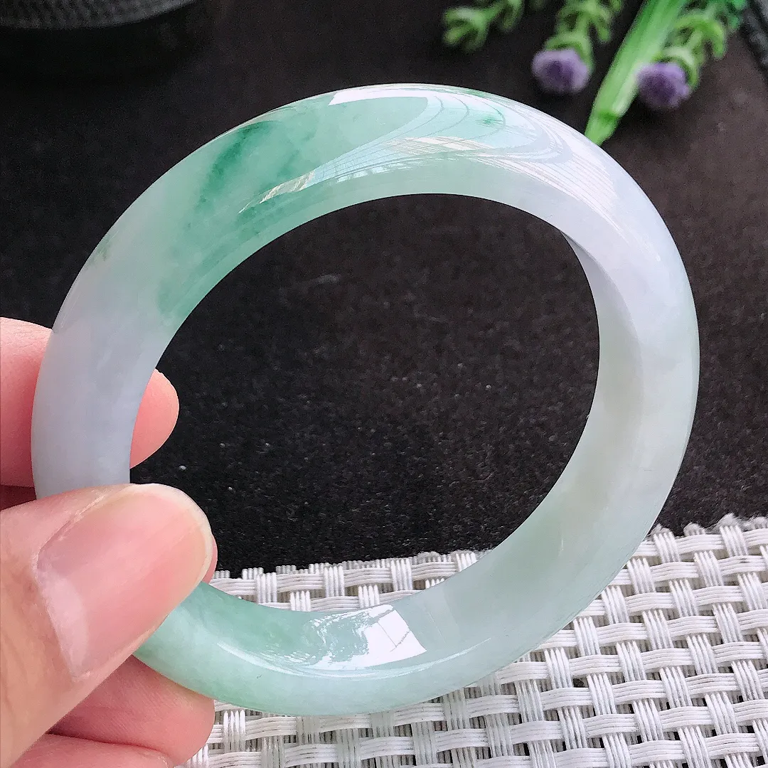 天然A货翡翠53/12.6/8.7老坑冰胶果冻飘花手镯宽边玉手镯