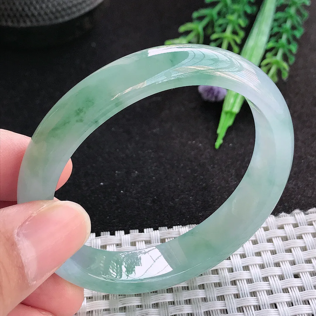 天然A货翡翠54.5.48.5/12.9/7.3老坑冰胶果冻冰飘花贵妃手镯玉手镯