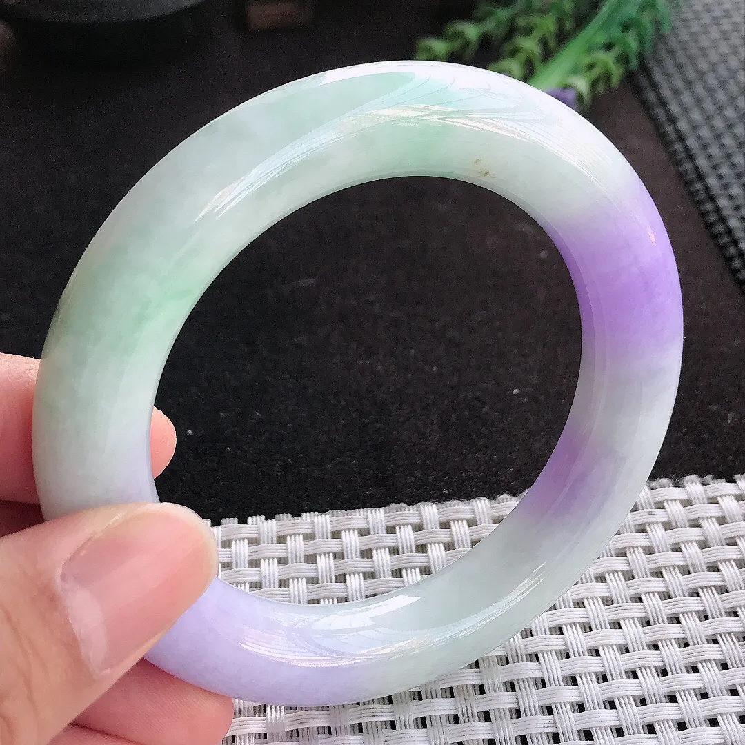 天然A货翡翠57.3/12.6老坑精美温润浓艳紫罗兰胖圆条手镯玉手镯