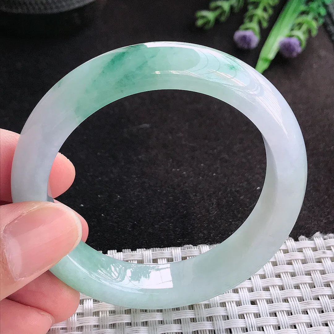 天然A货翡翠53/12.6/8.7老坑冰胶果冻飘花手镯宽边玉手镯