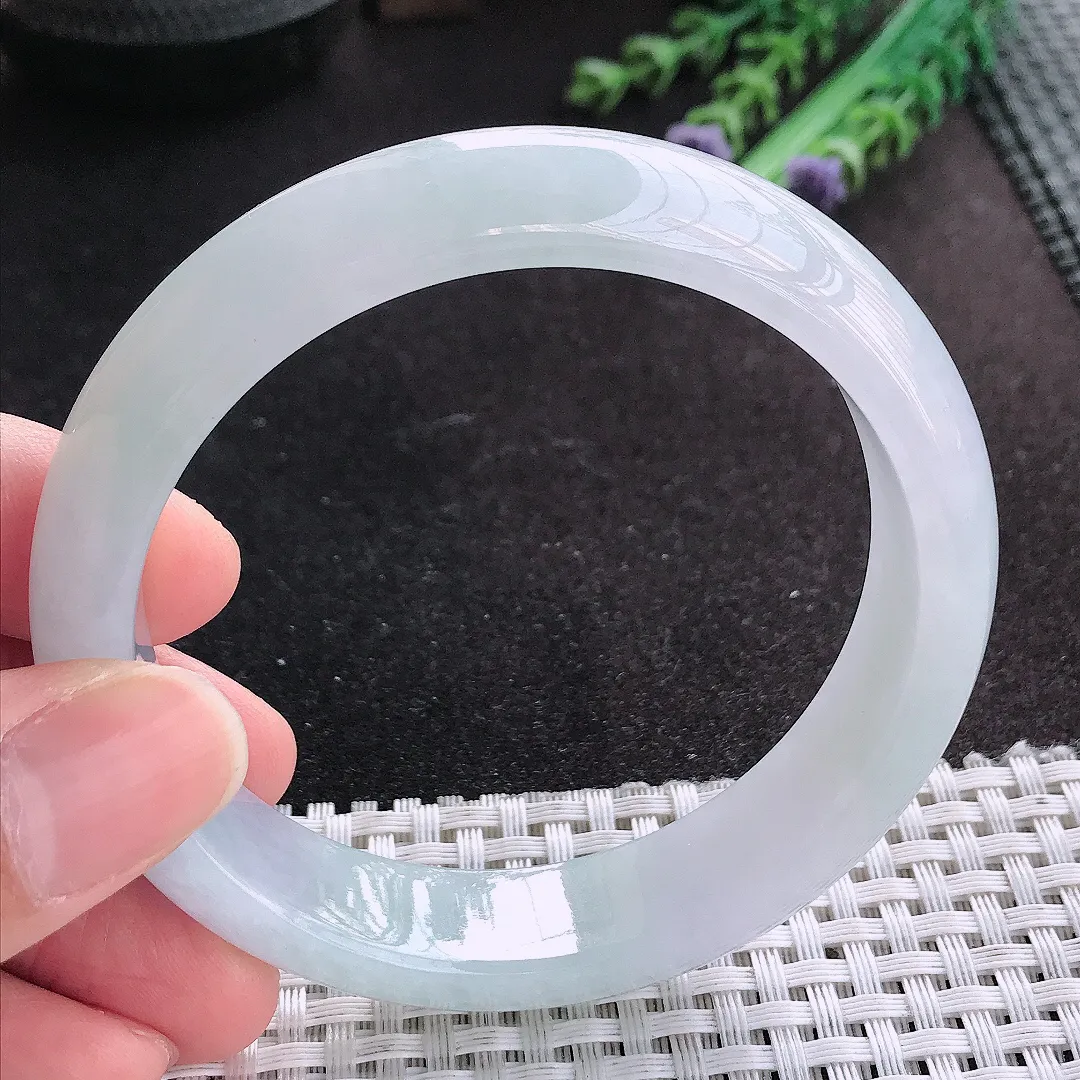 天然A货翡翠59.5/14.4/8.2老坑冰胶果冻白净冰晴手镯宽边玉手镯