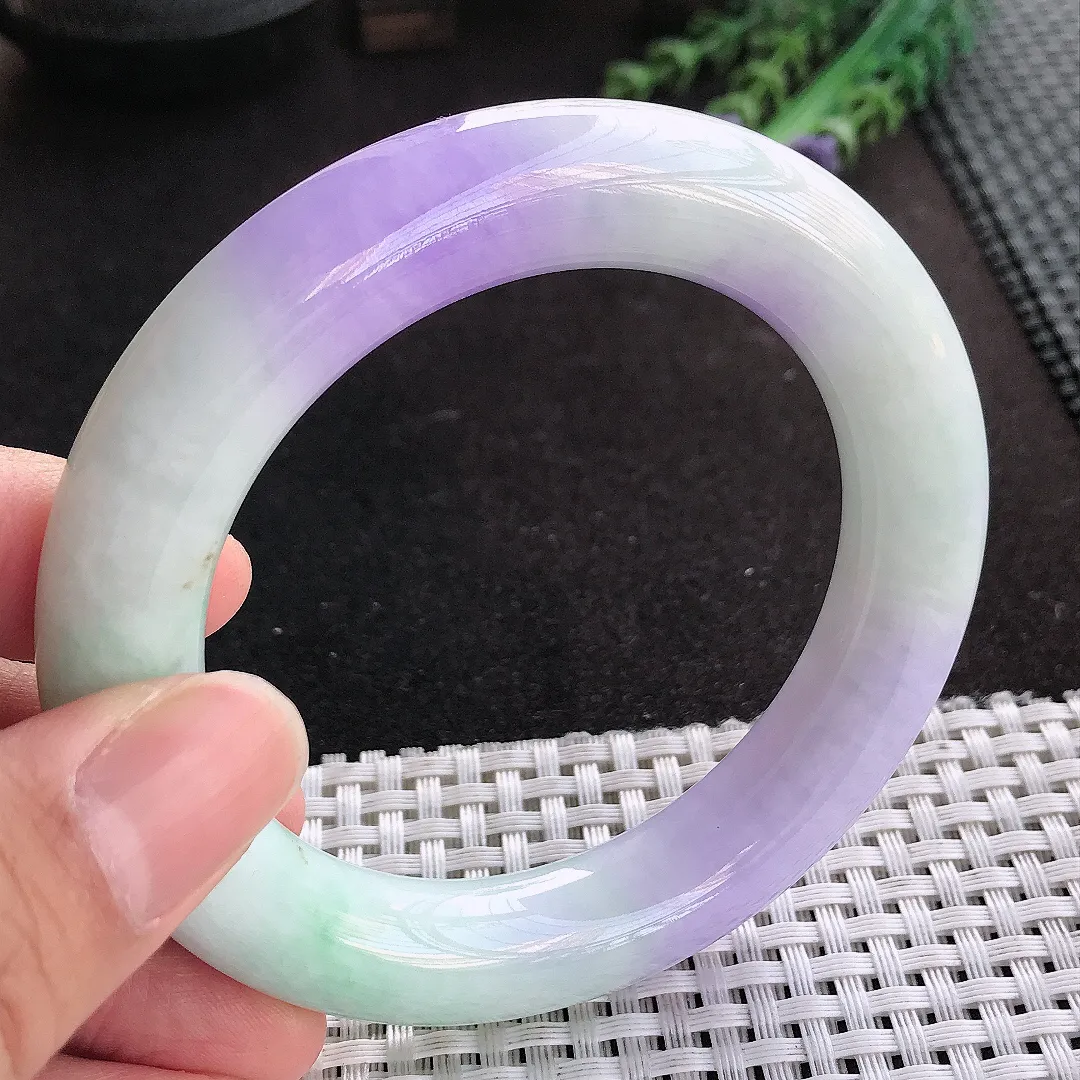 天然A货翡翠57.3/12.6老坑精美温润浓艳紫罗兰胖圆条手镯玉手镯