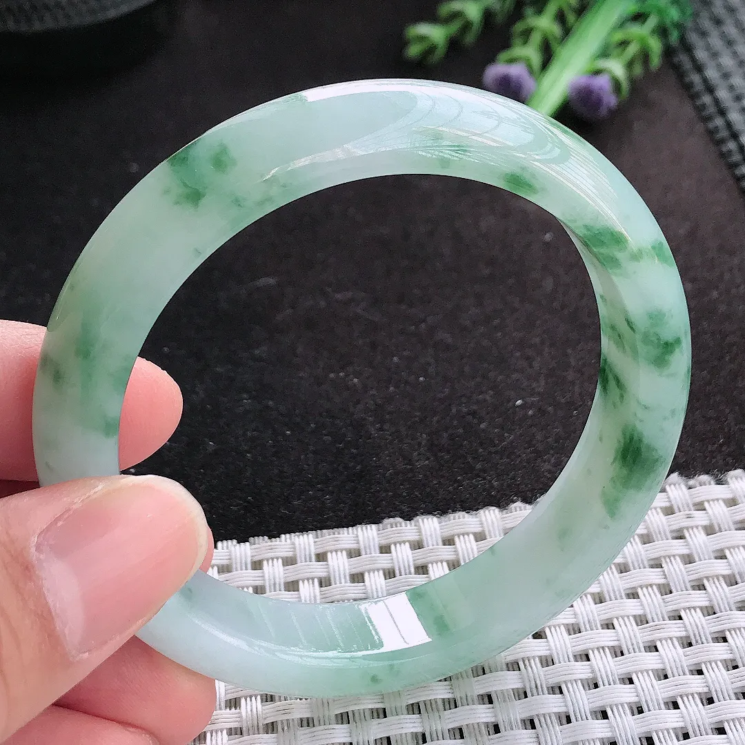 天然A货翡翠56/12.3/7.8老坑冰胶果冻飘花手镯宽边玉手镯