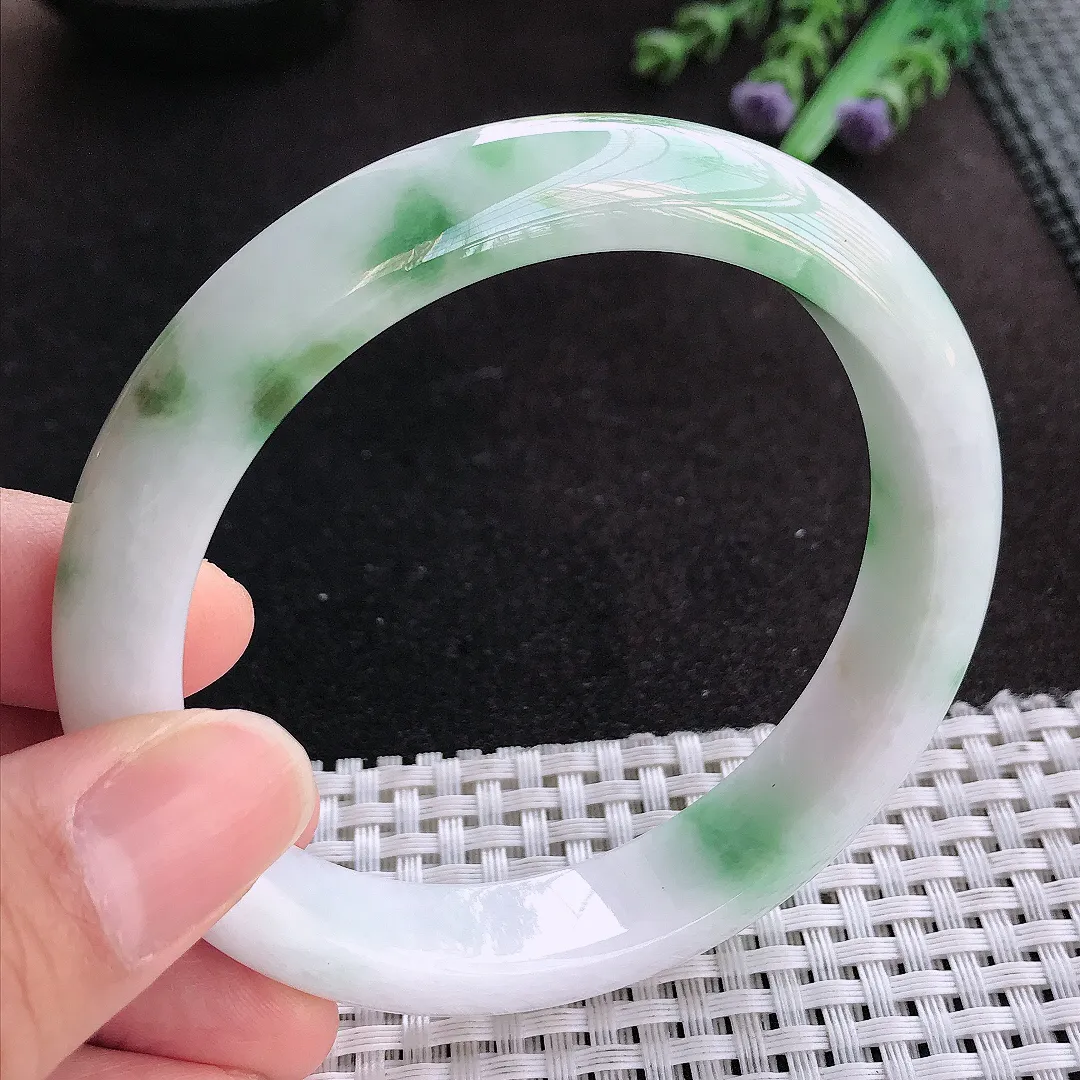 天然A货翡翠61.5/12.8/8.8老坑精美温润大圈口飘花手镯宽边玉手镯