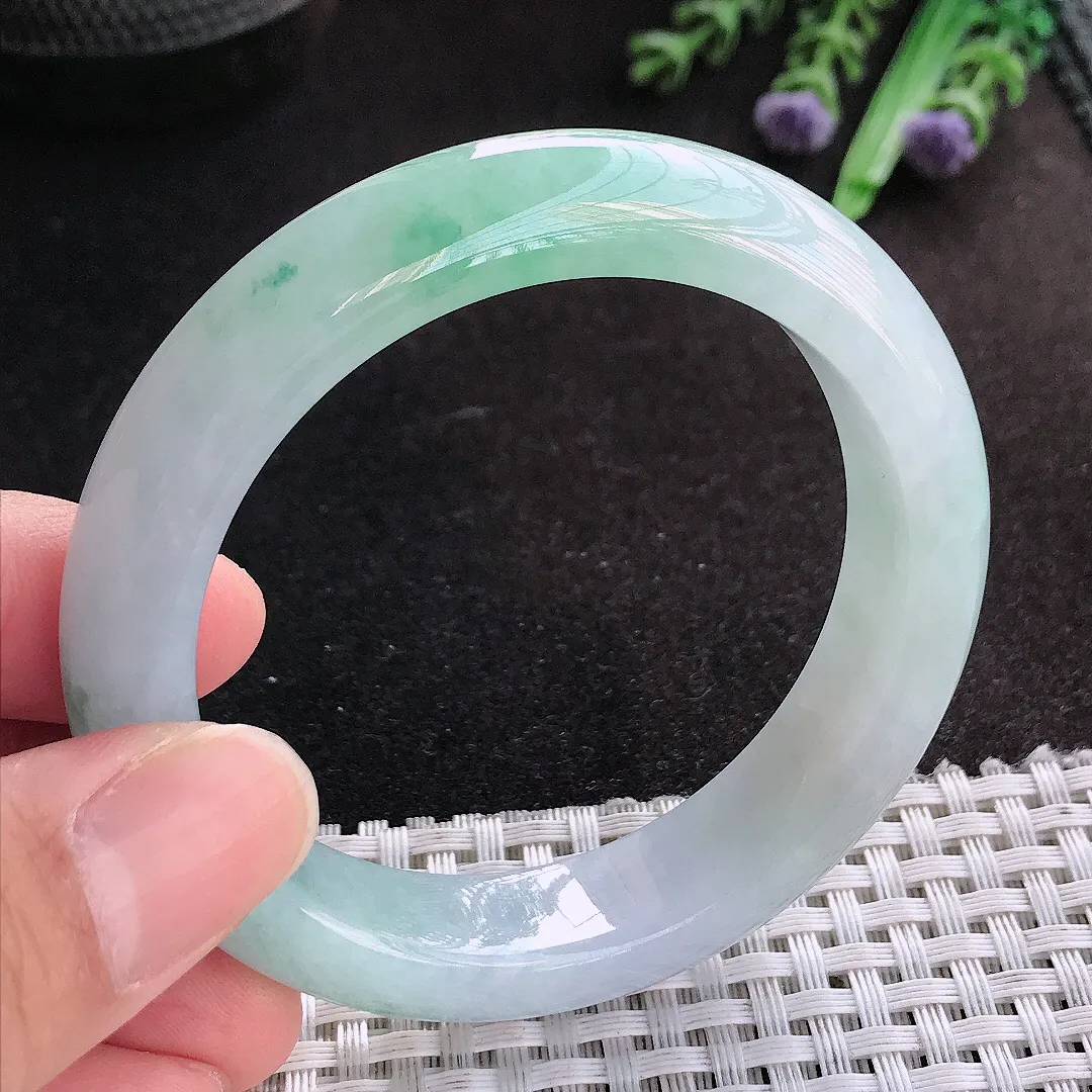 天然A货翡翠53/12.6/8.7老坑冰胶果冻飘花手镯宽边玉手镯