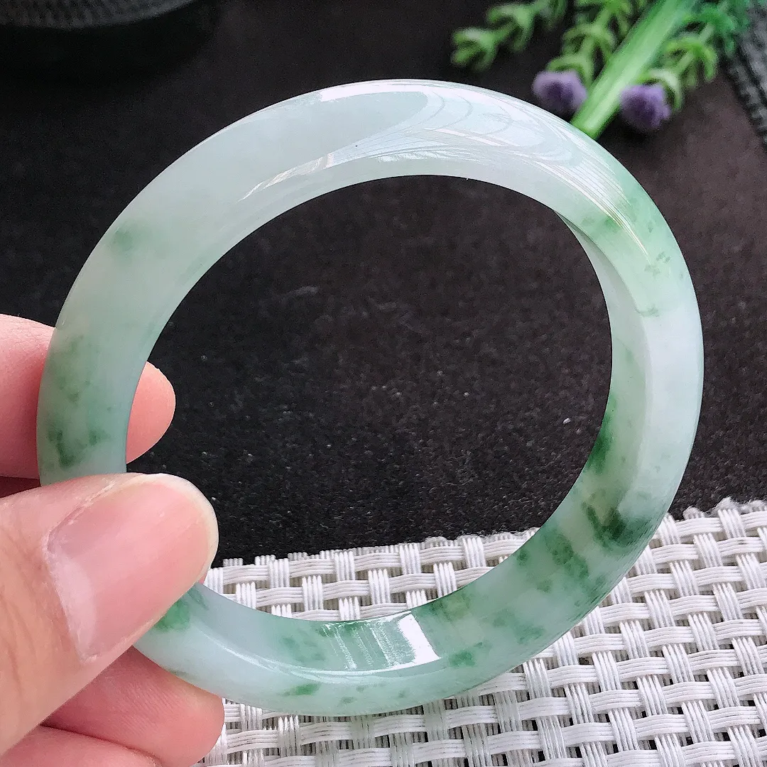 天然A货翡翠56/12.3/7.8老坑冰胶果冻飘花手镯宽边玉手镯