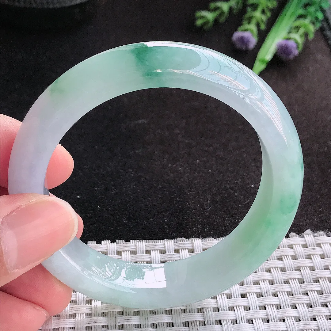 天然A货翡翠53/12.6/8.7老坑冰胶果冻飘花手镯宽边玉手镯