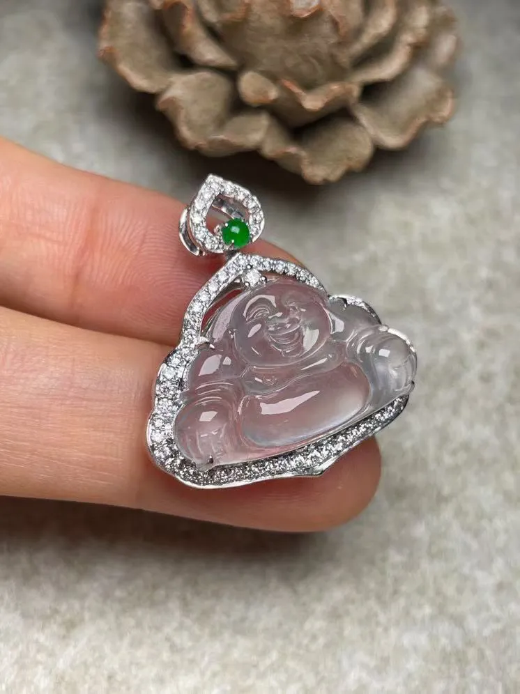 冰种佛公吊坠、真金真钻镶嵌，种水好，玉质细腻 .裸石尺寸 22.5*13.8