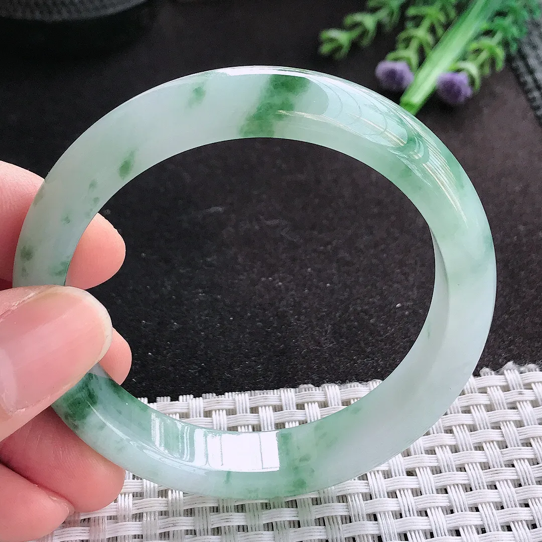 天然A货翡翠56/12.3/7.8老坑冰胶果冻飘花手镯宽边玉手镯