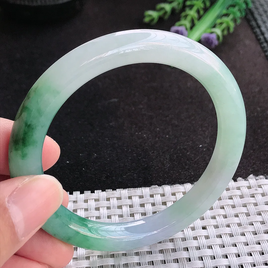 天然A货翡翠56.8/9.2老坑冰胶果冻飘花圆条手镯玉手镯