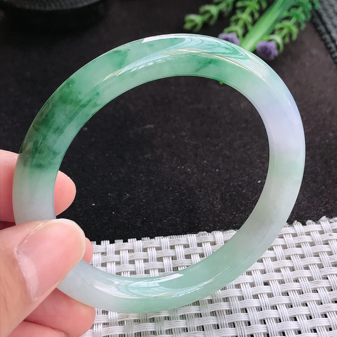 天然A货翡翠56.8/9.2老坑冰胶果冻飘花圆条手镯玉手镯