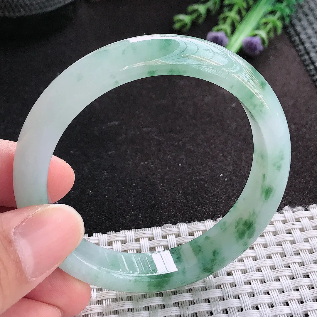 天然A货翡翠56/12.3/7.8老坑冰胶果冻飘花手镯宽边玉手镯