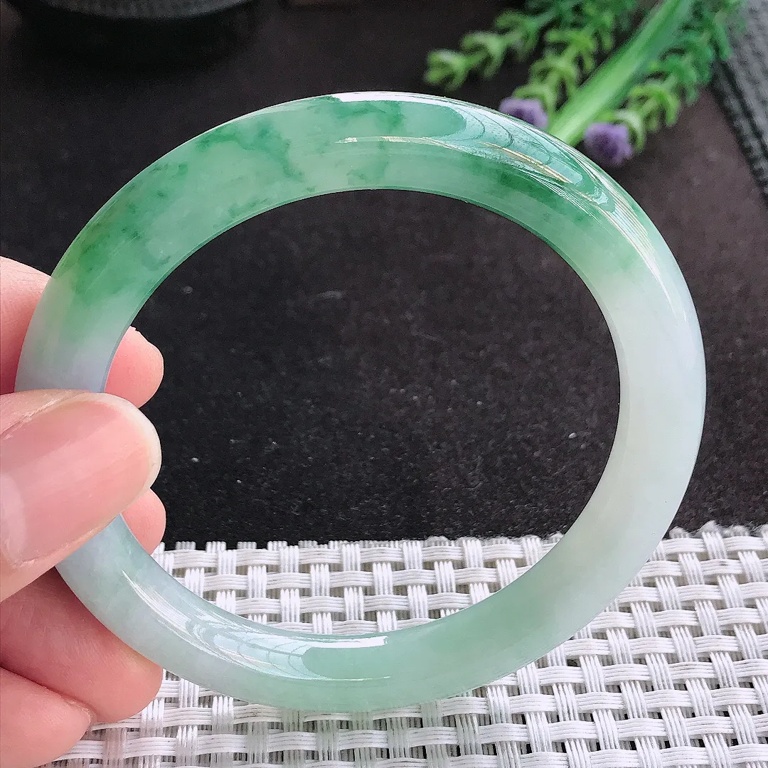 天然A货翡翠56.8/9.2老坑冰胶果冻飘花圆条手镯玉手镯