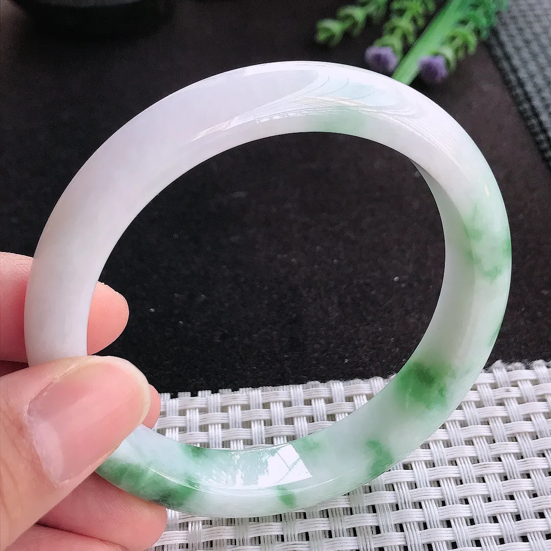 天然A货翡翠61.5/12.8/8.8老坑精美温润大圈口飘花手镯宽边玉手镯