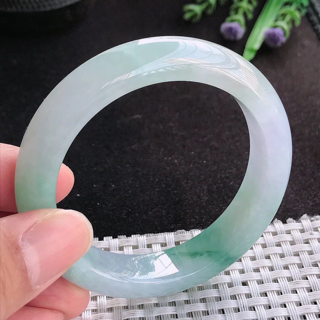 天然A货翡翠53/12.6/8.7老坑冰胶果冻飘花手镯宽边玉手镯