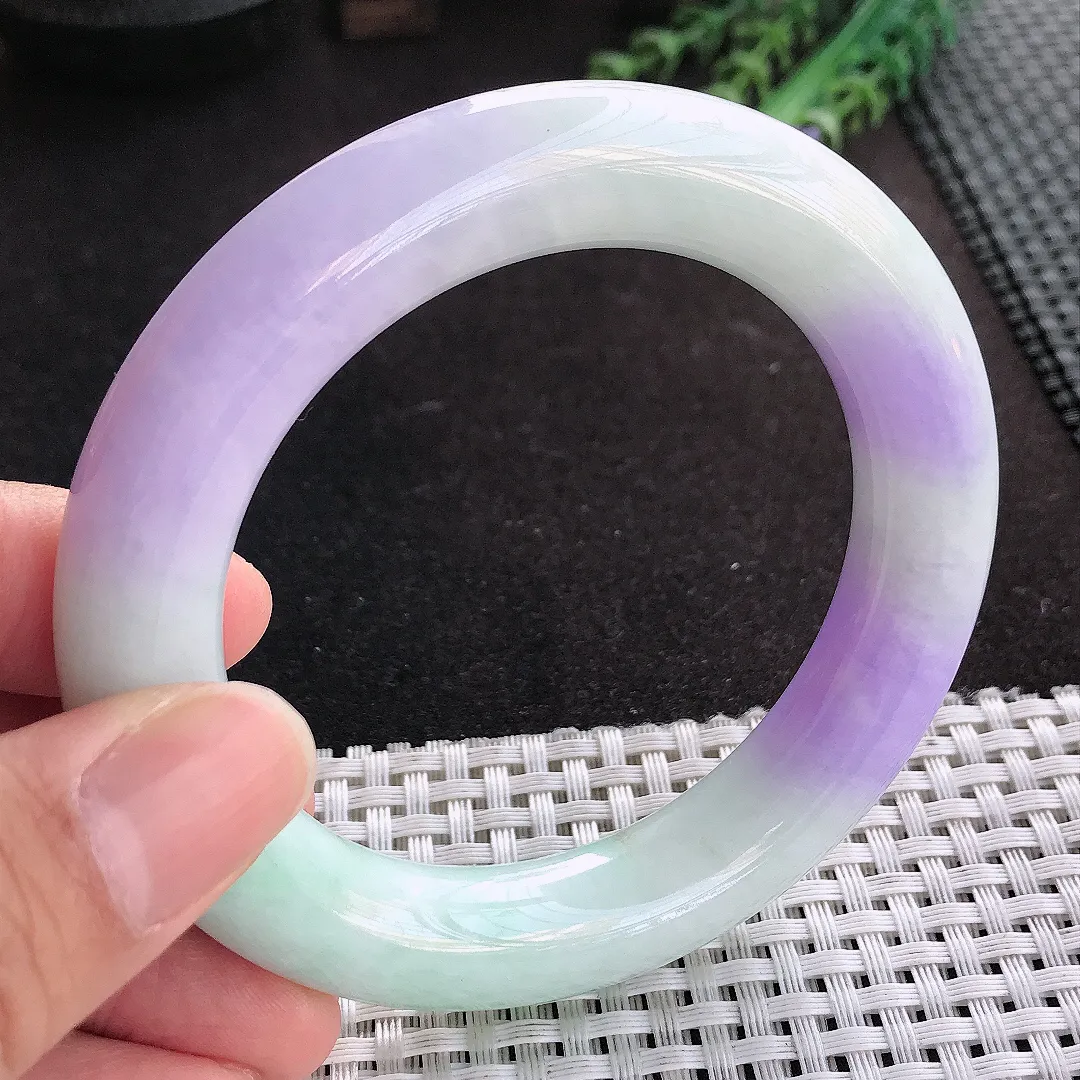 天然A货翡翠57.3/12.6老坑精美温润浓艳紫罗兰胖圆条手镯玉手镯