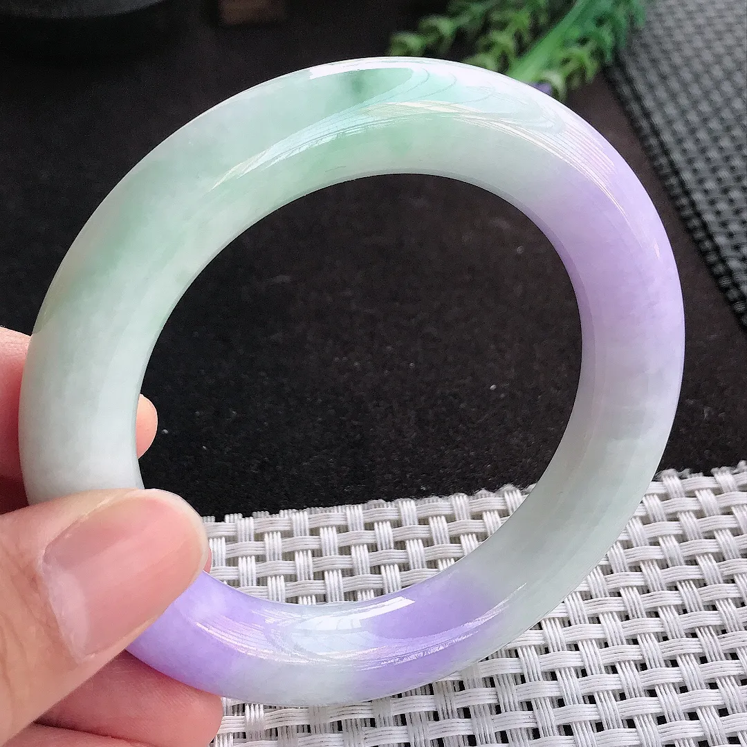 天然A货翡翠57.3/12.6老坑精美温润浓艳紫罗兰胖圆条手镯玉手镯