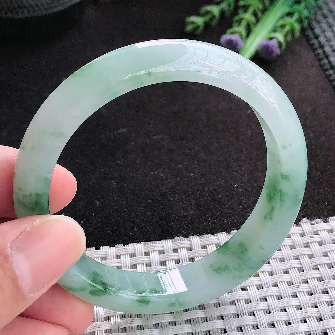 天然A货翡翠56/12.3/7.8老坑冰胶果冻飘花手镯宽边玉手镯