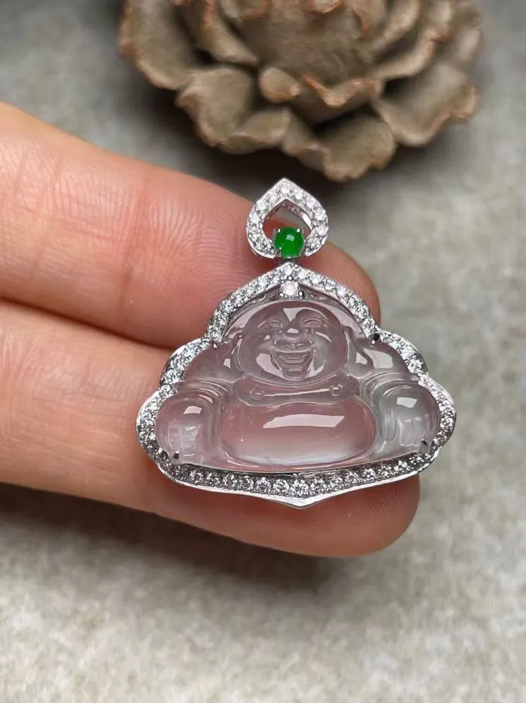冰种佛公吊坠、真金真钻镶嵌，种水好，玉质细腻 .裸石尺寸 22.5*13.8