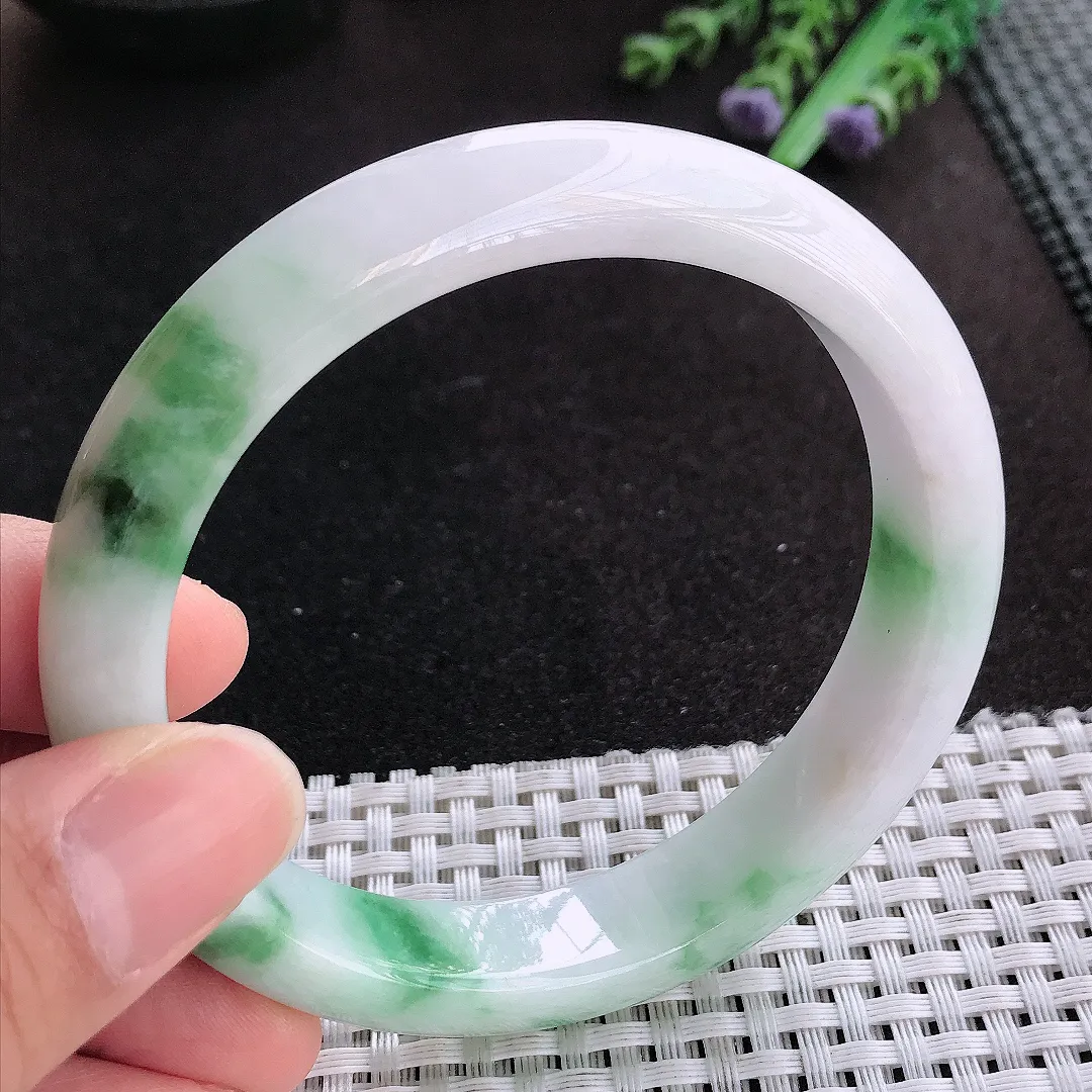 天然A货翡翠61.5/12.8/8.8老坑精美温润大圈口飘花手镯宽边玉手镯