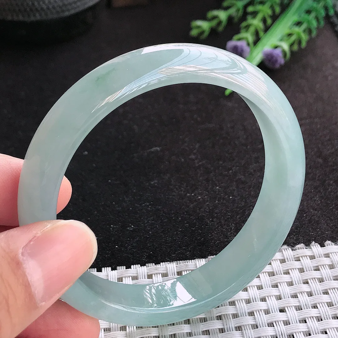 天然A货翡翠57/13/7.5老坑冰胶果冻天空蓝手镯宽边玉手镯