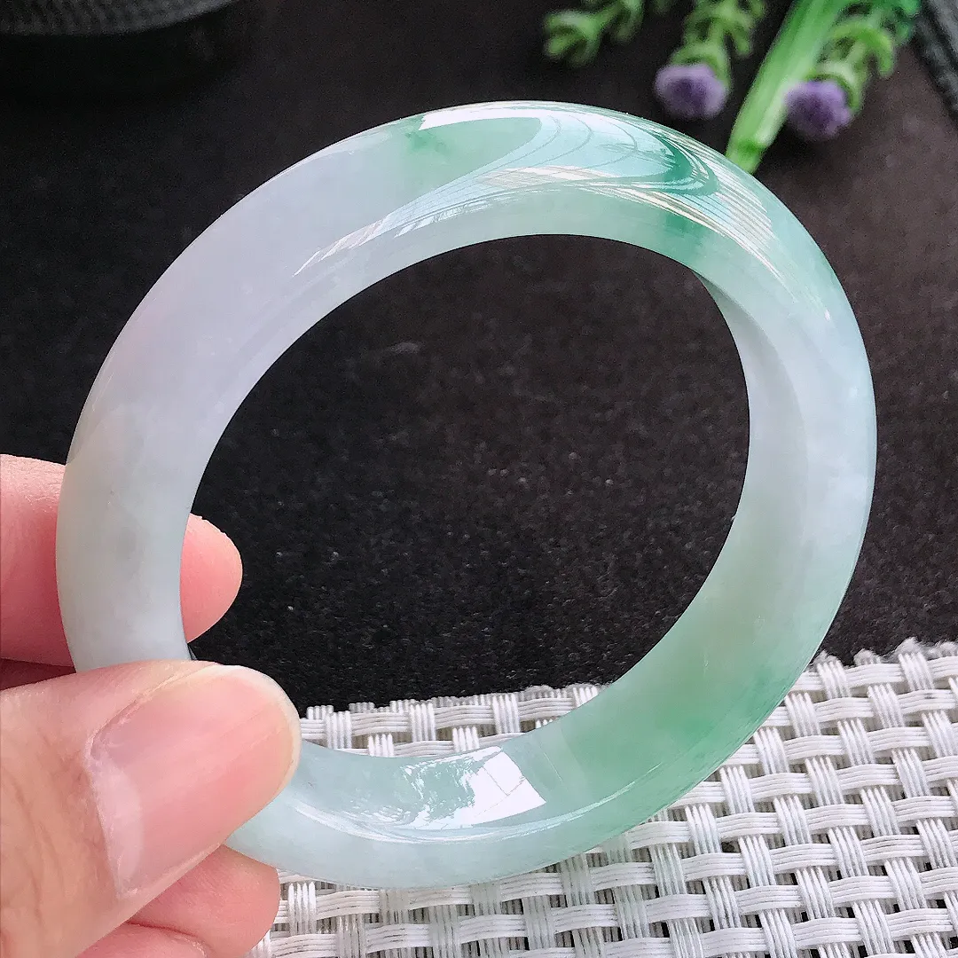 天然A货翡翠53/12.6/8.7老坑冰胶果冻飘花手镯宽边玉手镯