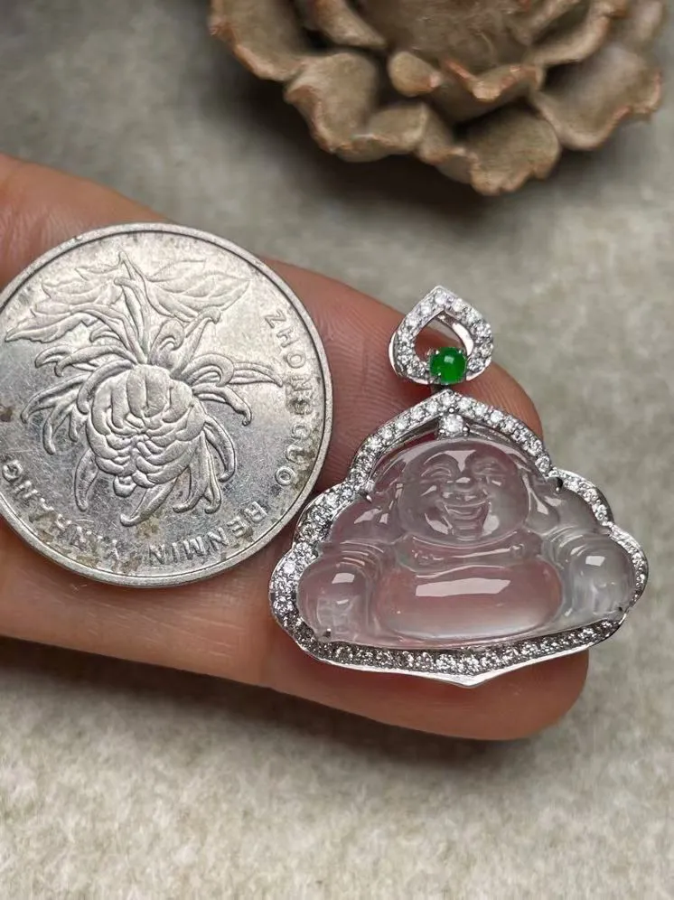 冰种佛公吊坠、真金真钻镶嵌，种水好，玉质细腻 .裸石尺寸 22.5*13.8