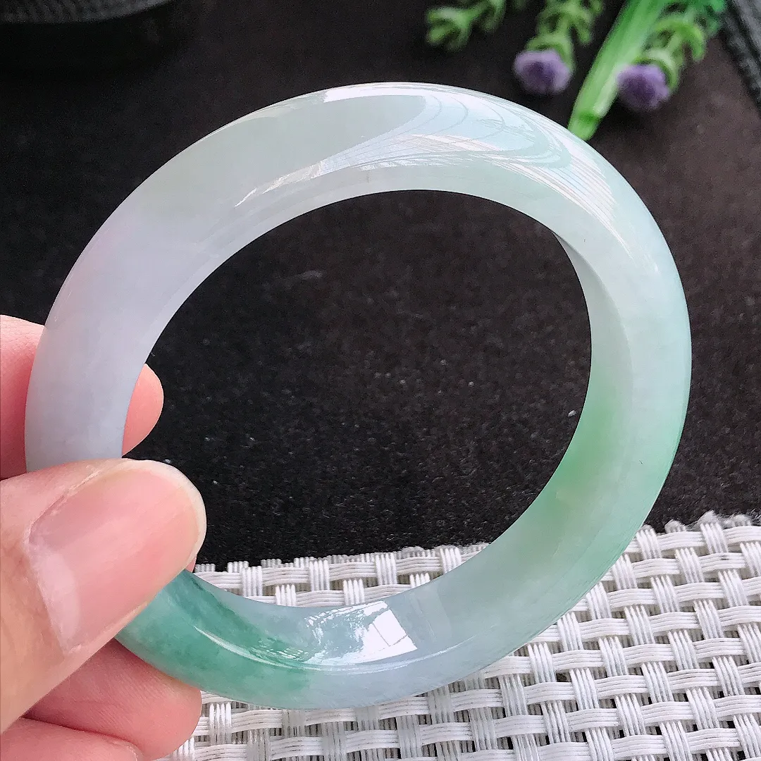 天然A货翡翠53/12.6/8.7老坑冰胶果冻飘花手镯宽边玉手镯