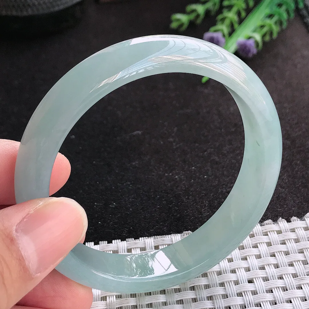 天然A货翡翠57/13/7.5老坑冰胶果冻天空蓝手镯宽边玉手镯