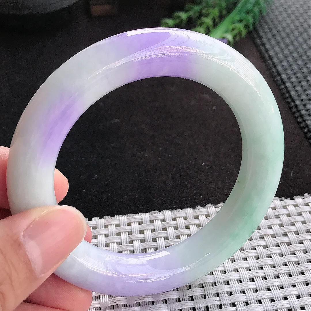 天然A货翡翠57.3/12.6老坑精美温润浓艳紫罗兰胖圆条手镯玉手镯