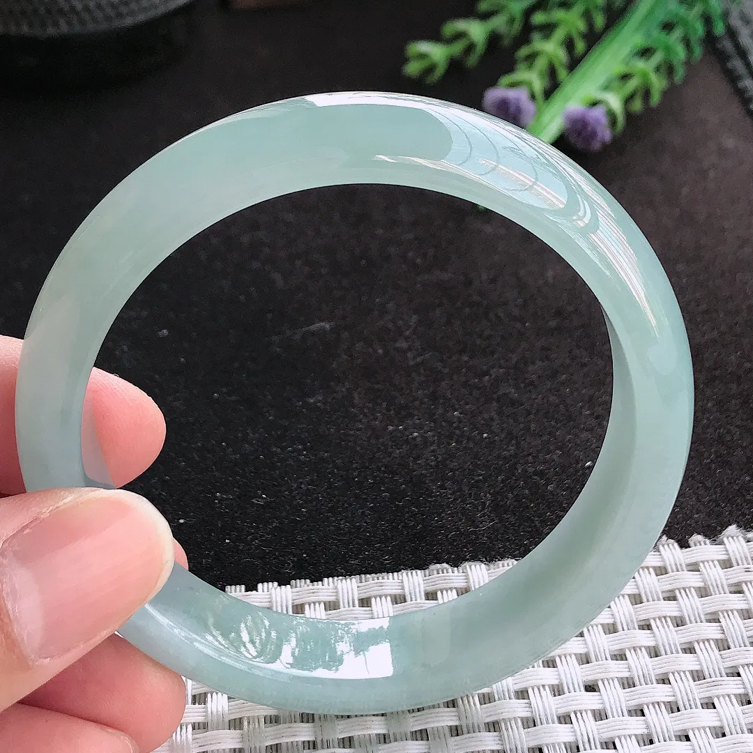 天然A货翡翠57/13/7.5老坑冰胶果冻天空蓝手镯宽边玉手镯