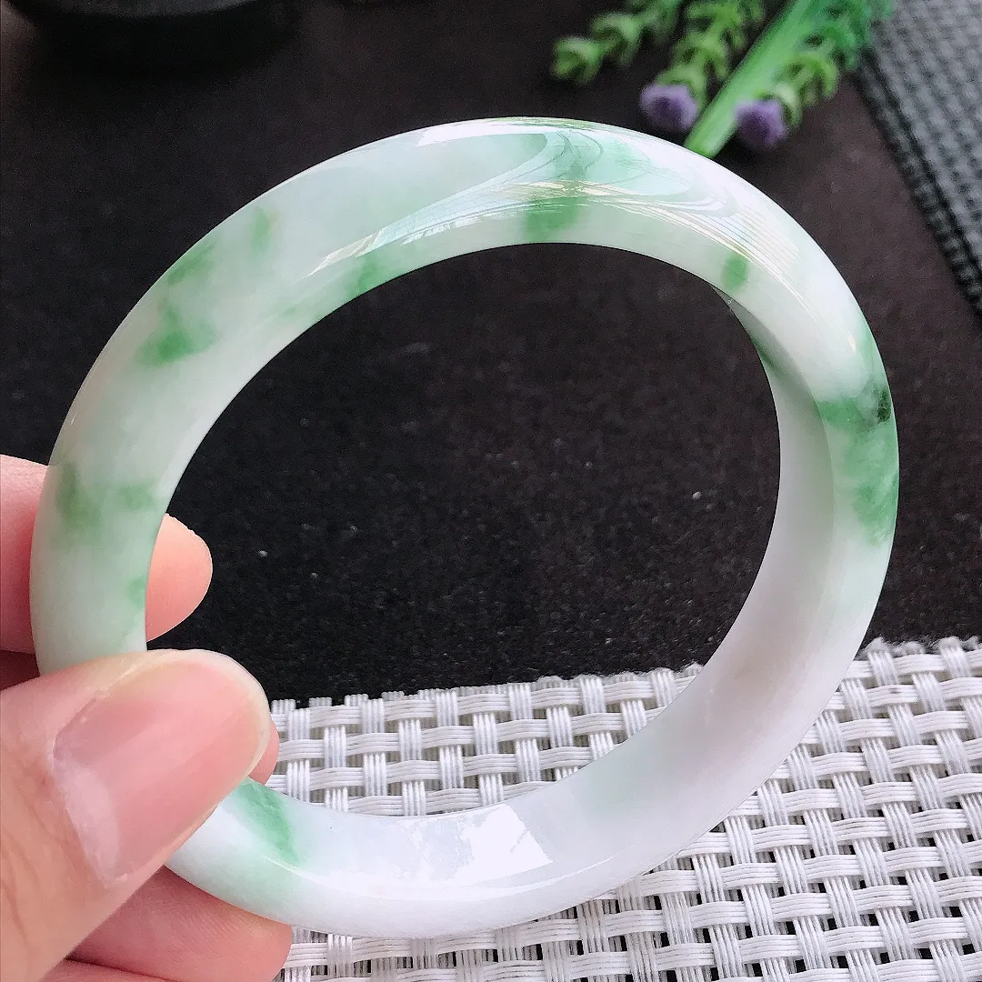 天然A货翡翠61.5/12.8/8.8老坑精美温润大圈口飘花手镯宽边玉手镯