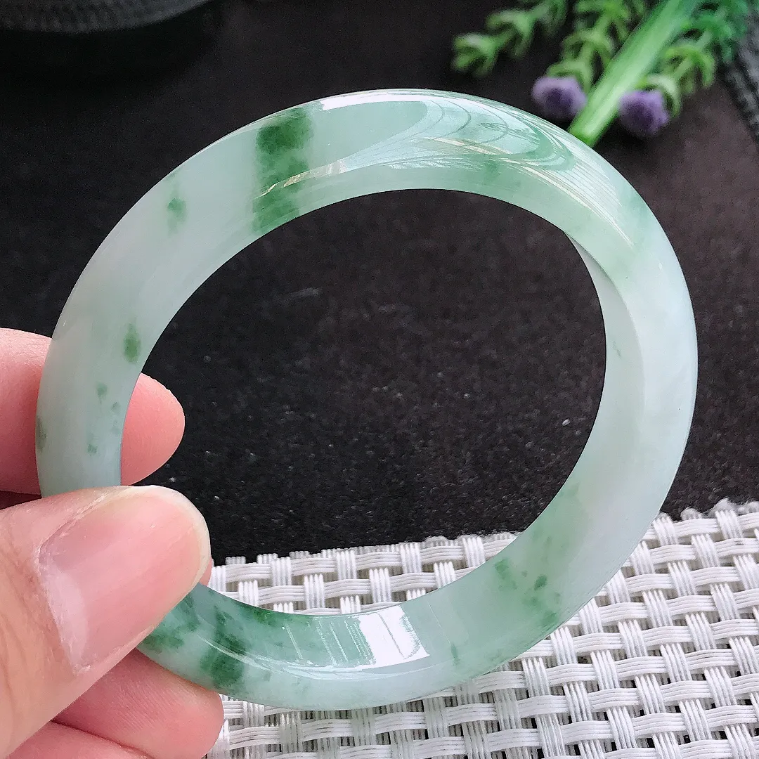 天然A货翡翠56/12.3/7.8老坑冰胶果冻飘花手镯宽边玉手镯