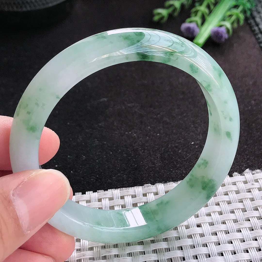 天然A货翡翠56/12.3/7.8老坑冰胶果冻飘花手镯宽边玉手镯