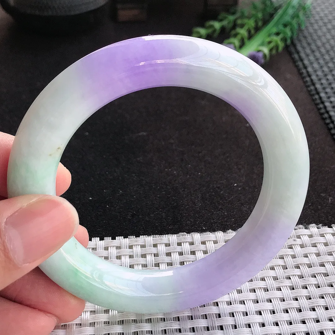 天然A货翡翠57.3/12.6老坑精美温润浓艳紫罗兰胖圆条手镯玉手镯