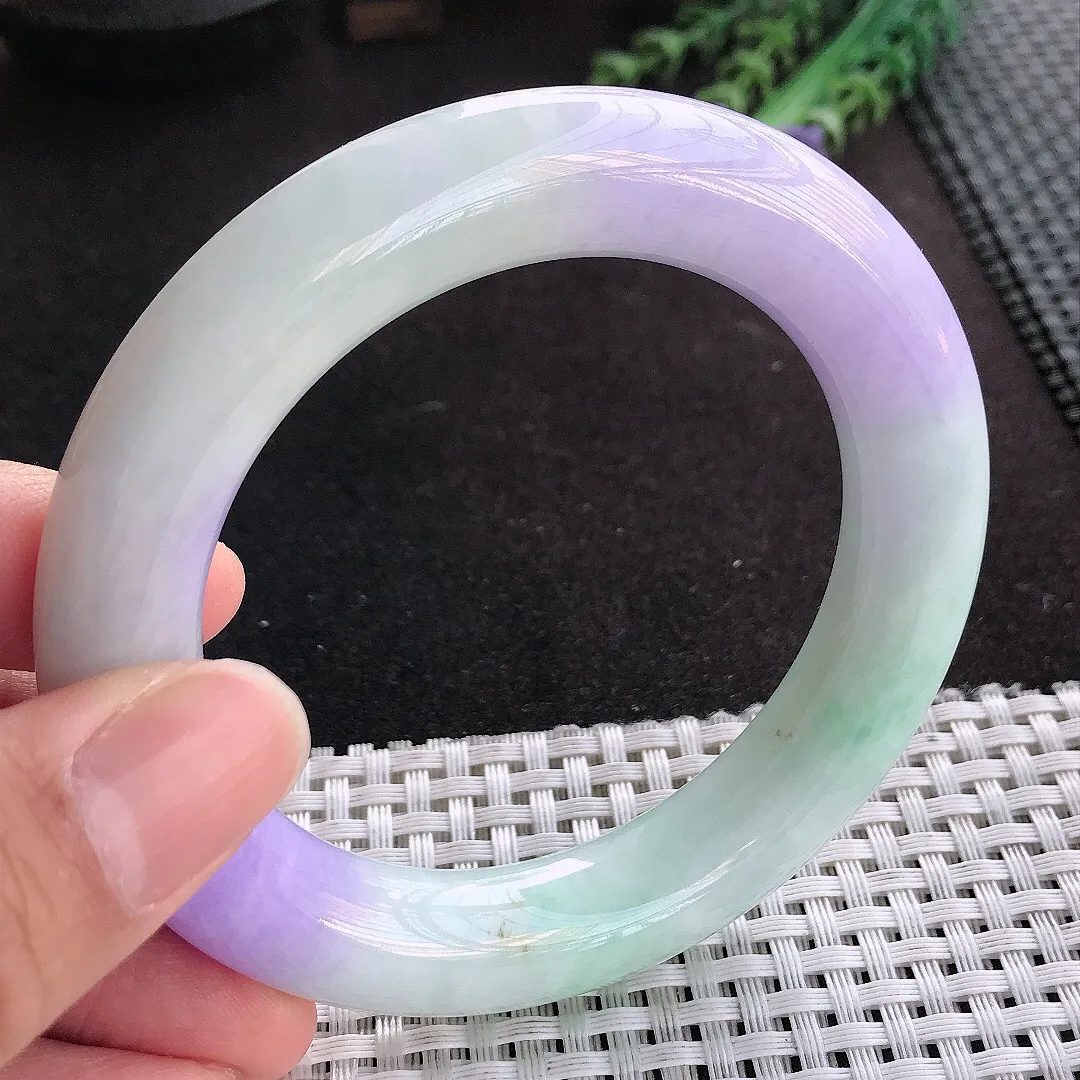 天然A货翡翠57.3/12.6老坑精美温润浓艳紫罗兰胖圆条手镯玉手镯