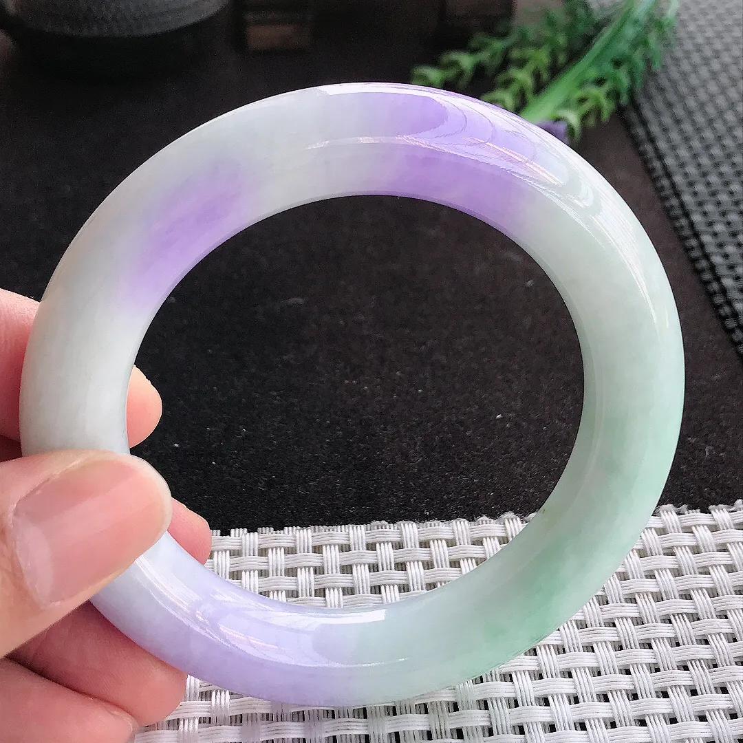 天然A货翡翠57.3/12.6老坑精美温润浓艳紫罗兰胖圆条手镯玉手镯