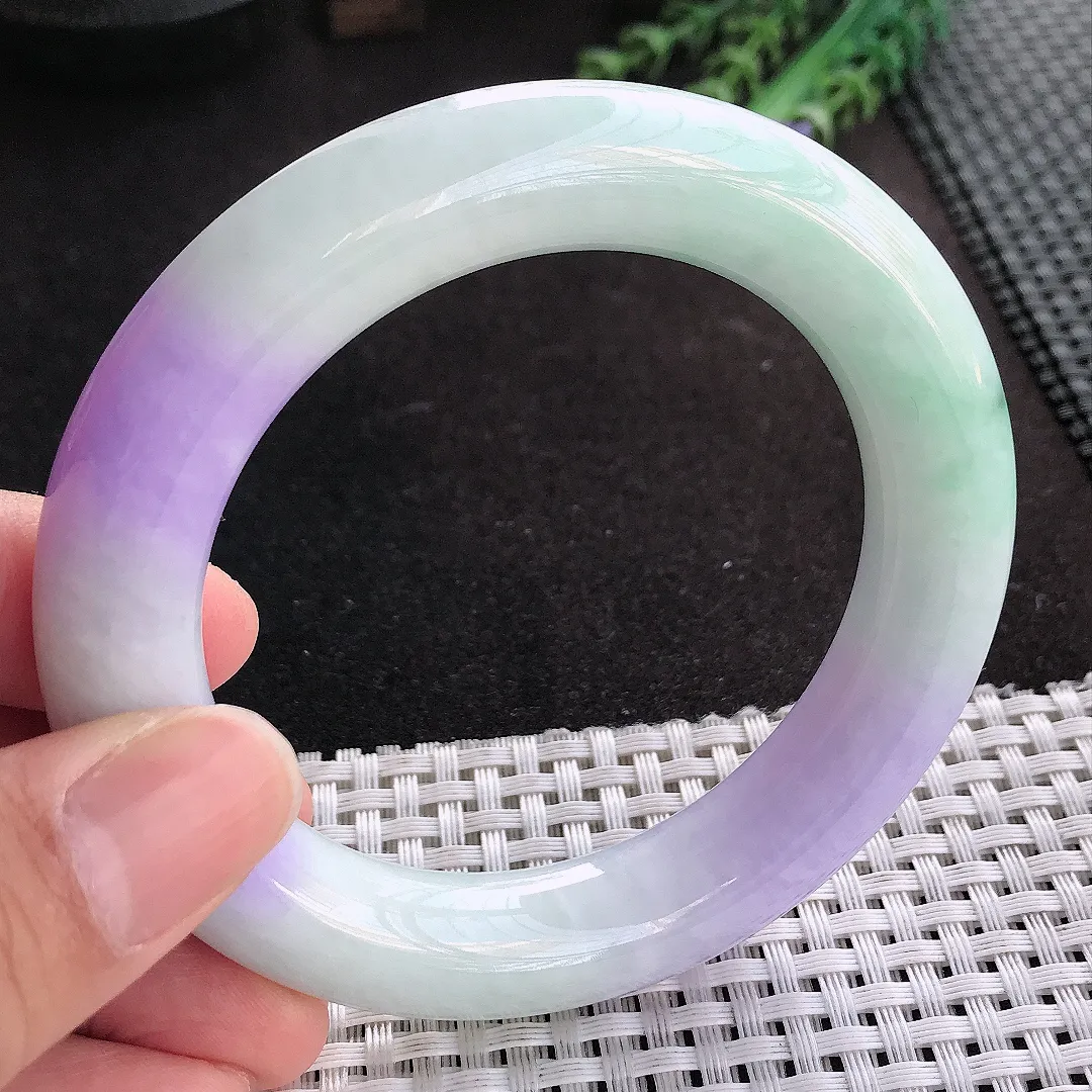 天然A货翡翠57.3/12.6老坑精美温润浓艳紫罗兰胖圆条手镯玉手镯