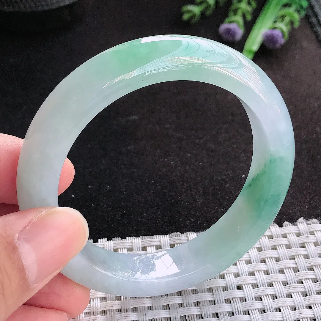 天然A货翡翠53/12.6/8.7老坑冰胶果冻飘花手镯宽边玉手镯