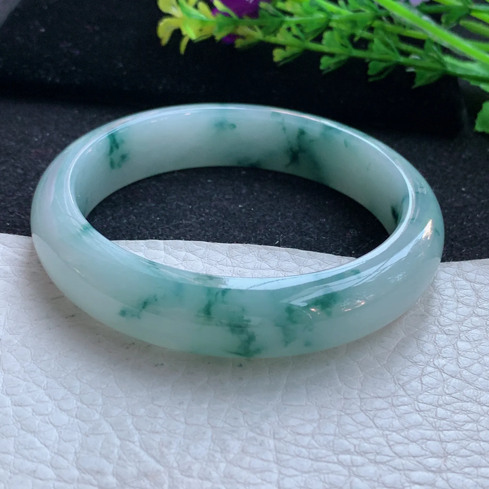 yh自然光58*13.5*7.8平安镯 缅甸翡翠a货玉手镯飘花宽边玉手环