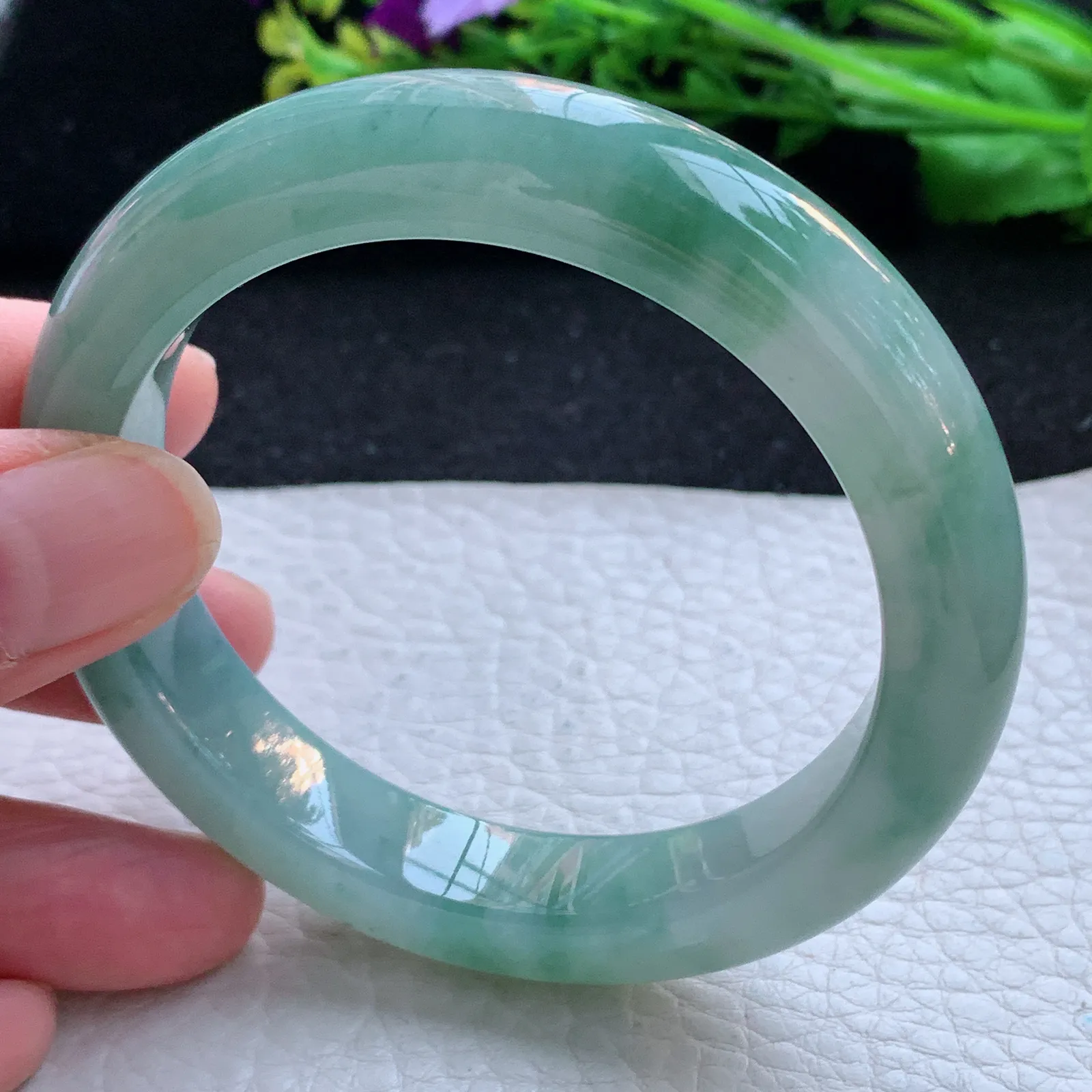 z自然光56*11.8*9.2平安镯 缅甸翡翠a货玉手镯冰飘花胶感宽边玉手环