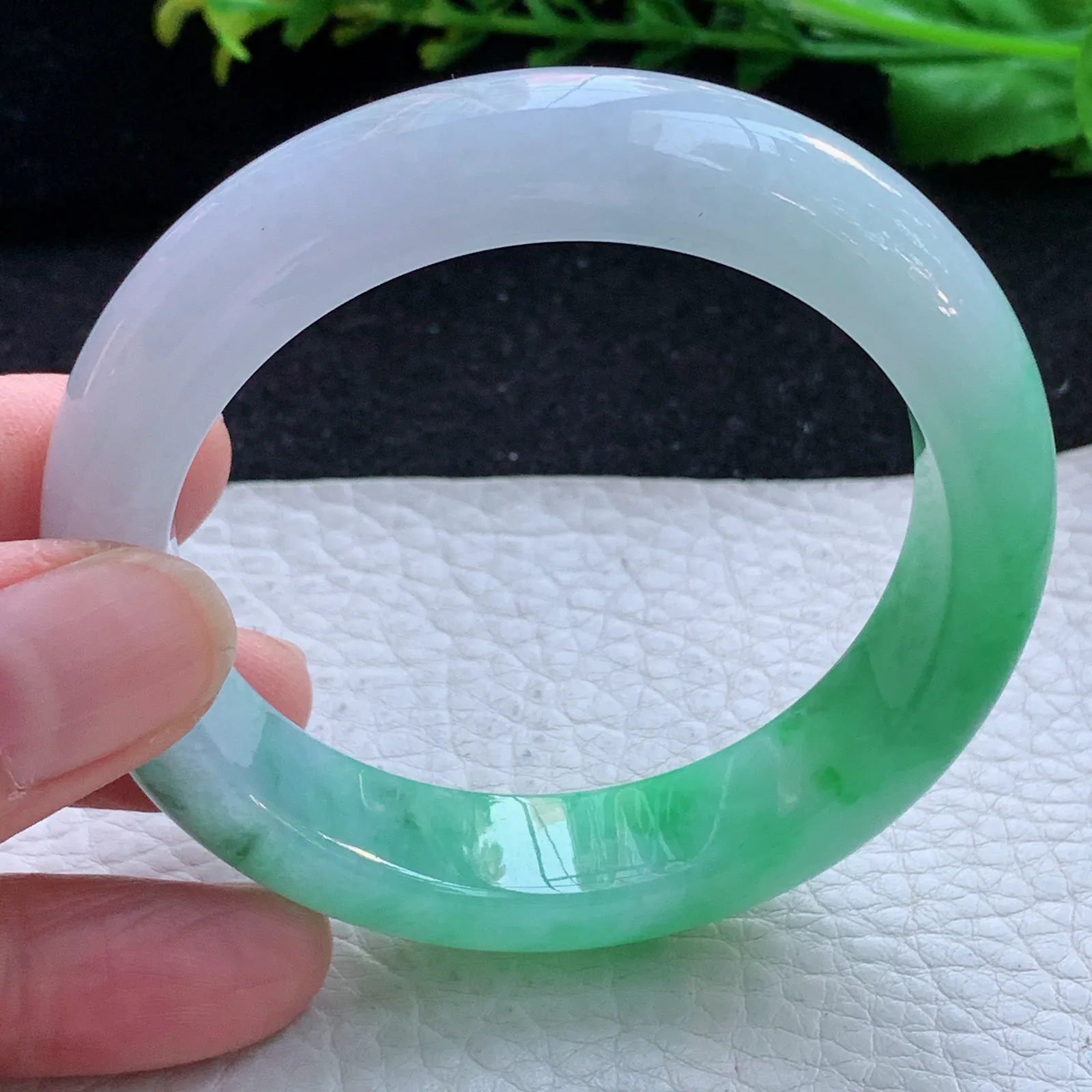 faa自然光53*13*8.8平安镯 缅甸翡翠a货玉手镯冰绿双彩宽边玉手环